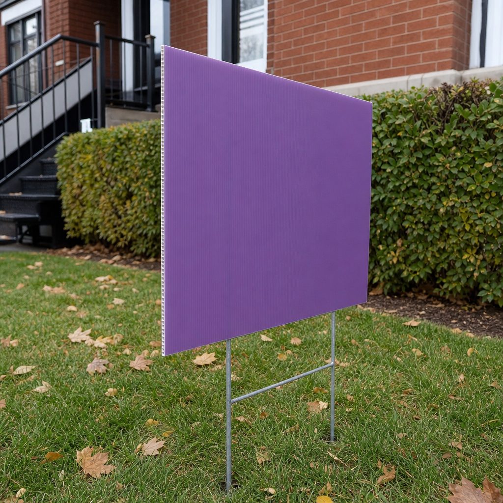 Bundles of blank corrugated plastic lawn signs stacked on a pallet with wire H-frame stakes