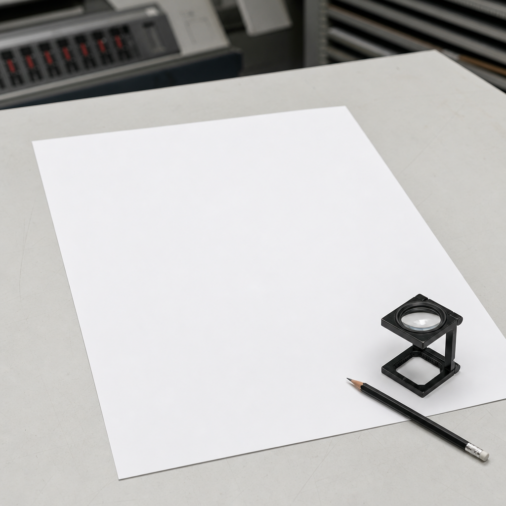 A printed proof sheet on a light table with a magnifying loupe resting on the lower corner