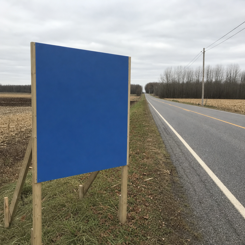 A large blank rigid panel standing in a wooden frame at the edge of a rural field