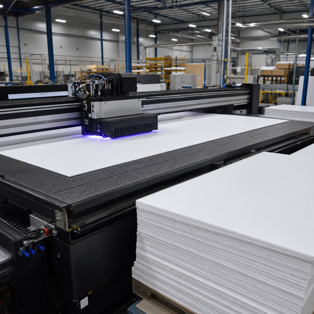 A wide-format printer running large sheets of corrugated plastic in a production plant